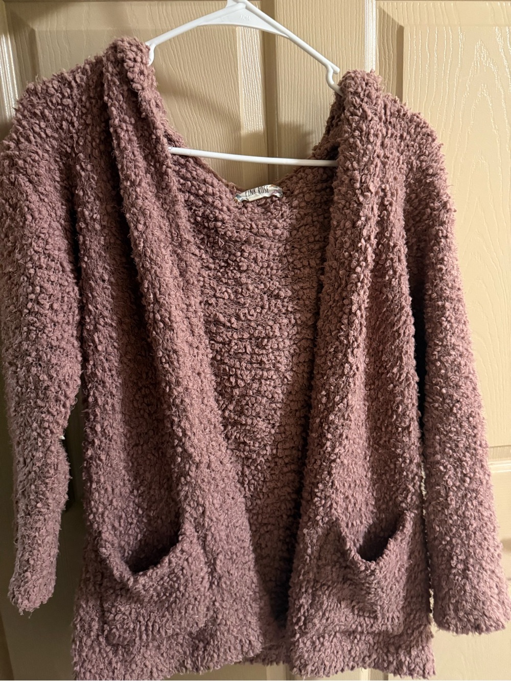 Pink Rose Plush Open-Front Hooded Cardigan in Mauve